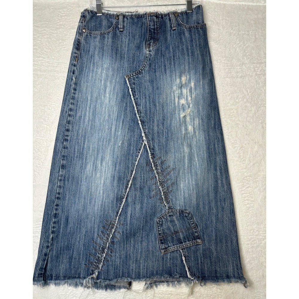 Hydraulic Denim Y2K Maxi Skirt Womens 30 Blue Distressed Raw Hem
